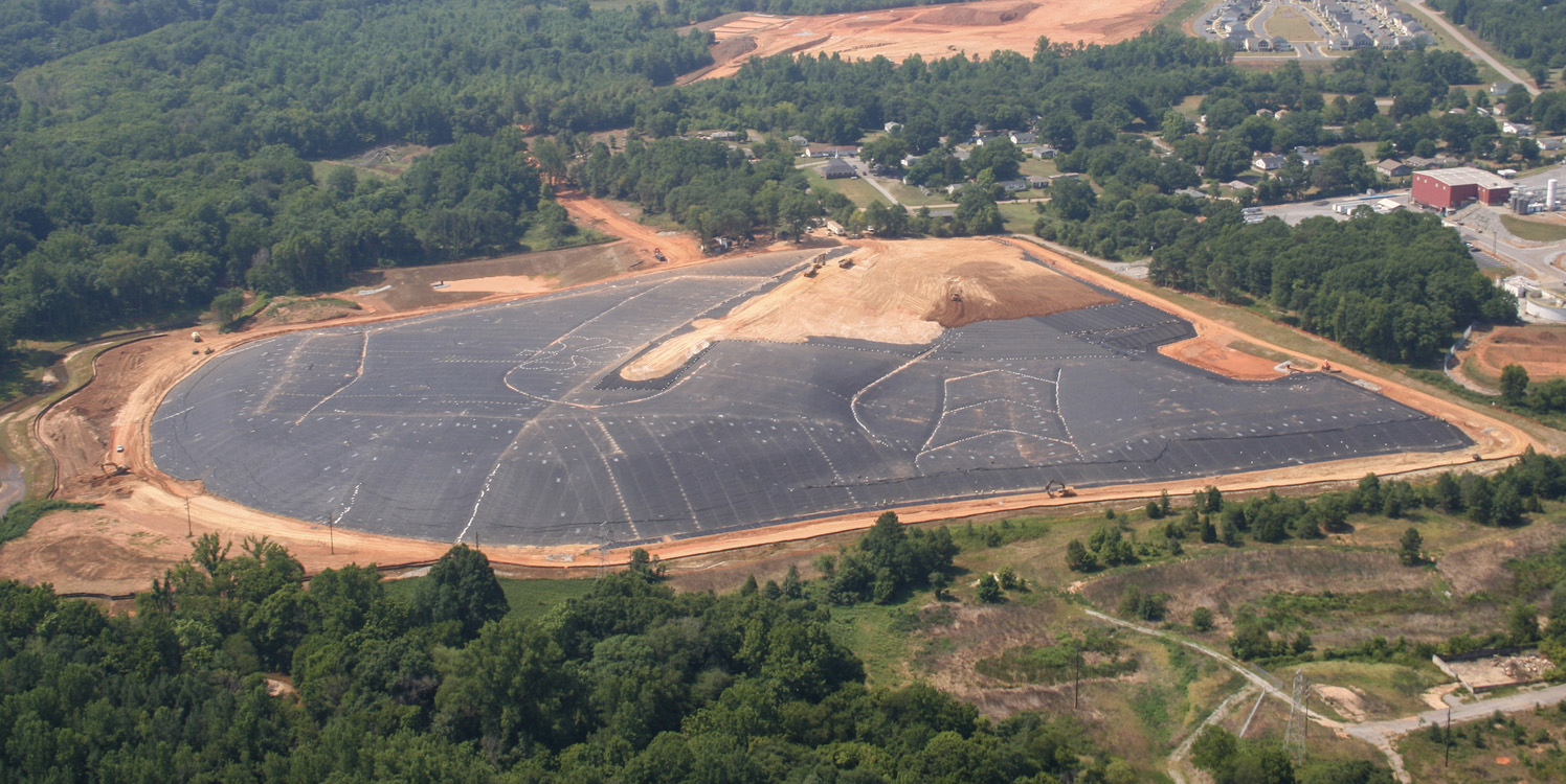 Aerial view of bottom-lined and capped cell at Hanes Mill Road Solid Waste Facility in Winston-Salem, North Carolina
