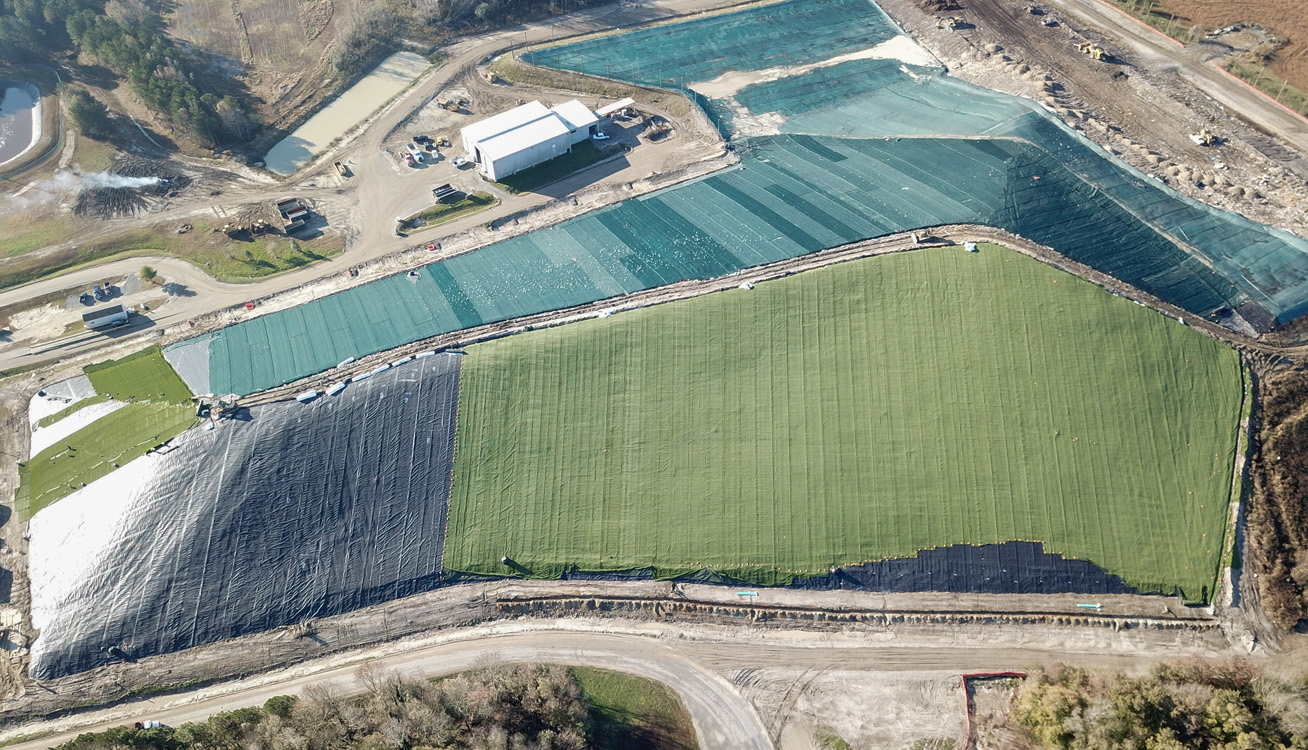 Aerial view of turf-lined Accomack County Landfill in Accomack, Virginia 