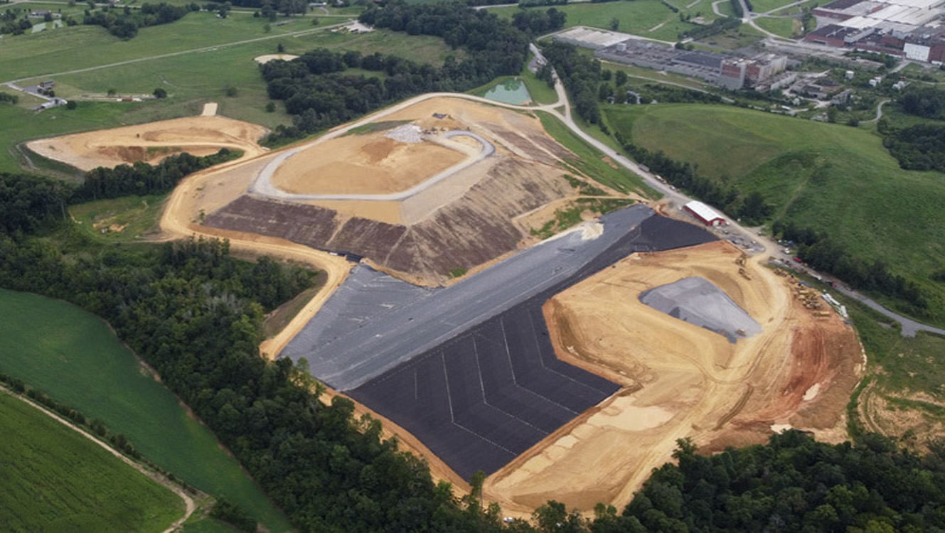 Aerial view of new cell lined at Lakeway Landfill in Lakeway, TN