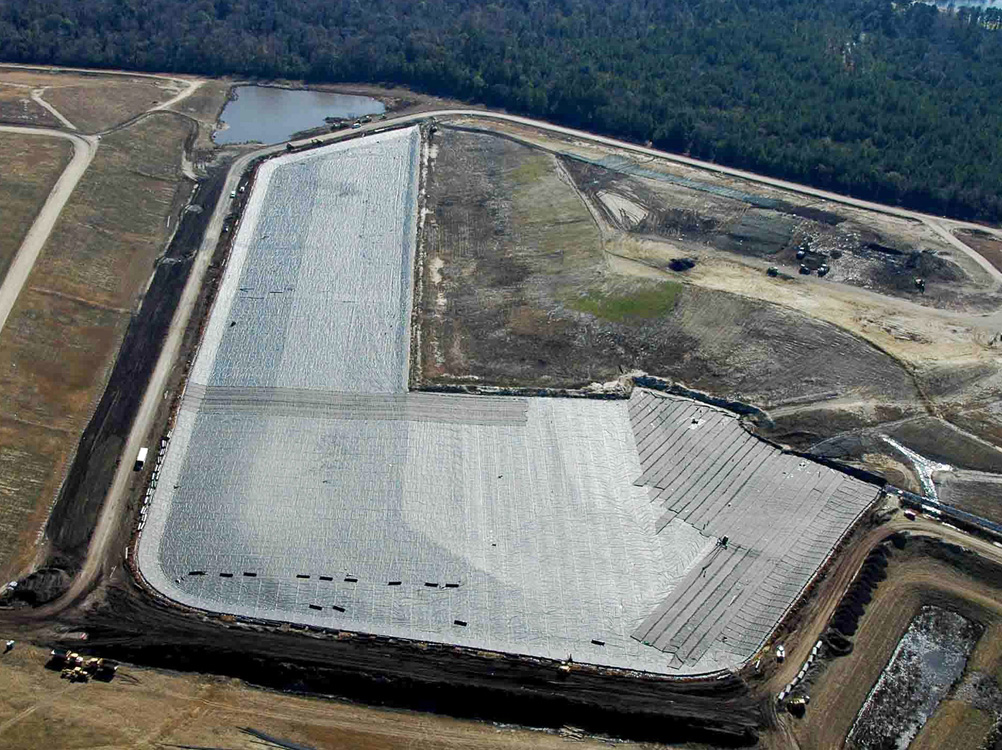 Aerial view of new cell lined at Horry County Landfill in Pleasant Hill, North Carolina
