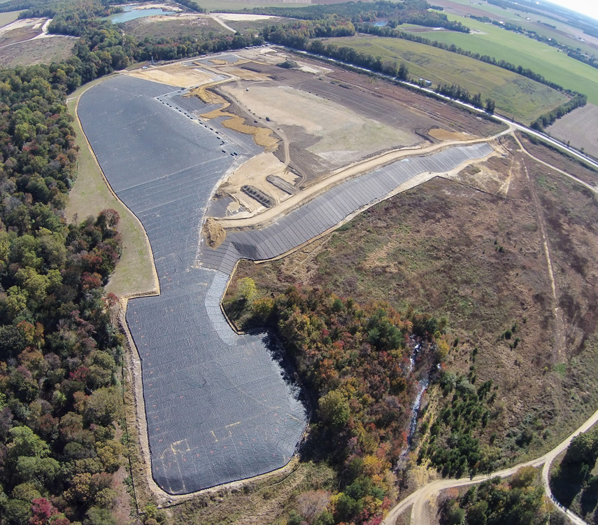 Aerial view of cell closure bottom-lined and capped at Beulah Landfill in Dorchester County, Maryland