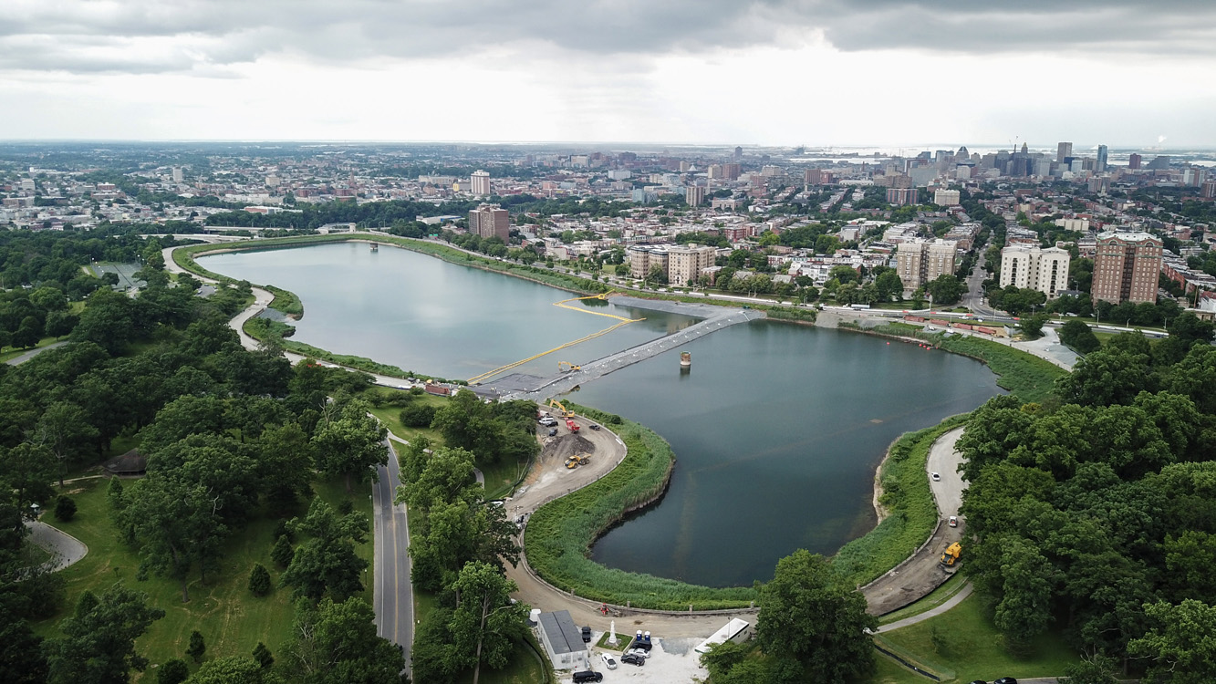 Aerial view of Druid Lake at Druid Hill Park, Baltimore, MD