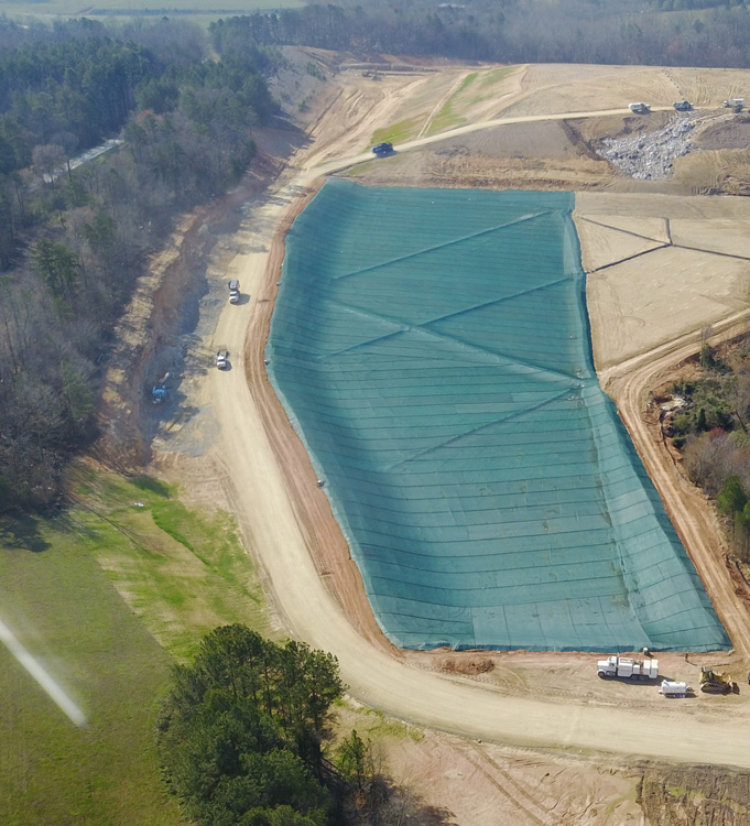 Aerial view of new cell lined at Gaston County landfill in North Carolina