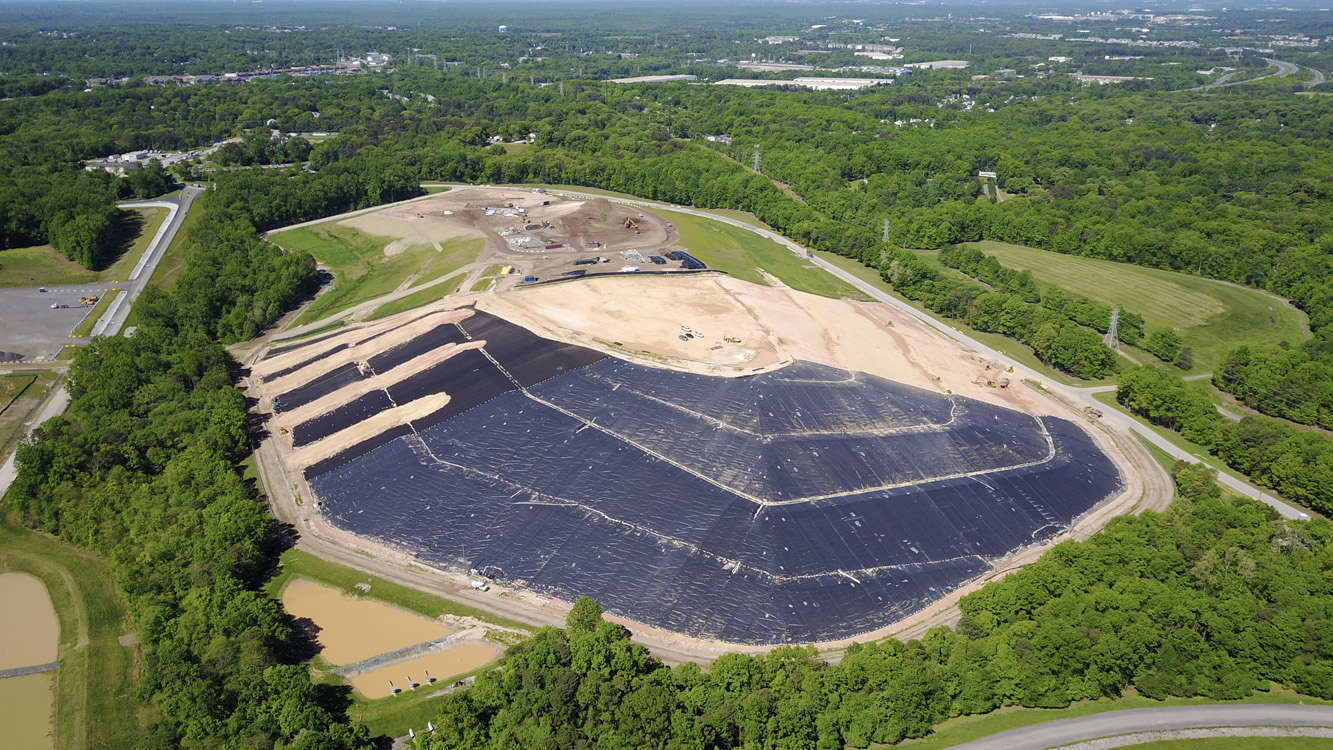Aerial view of cell closure bottom-lined and capped at Millersville Landfill in Anne Arundel County, Maryland