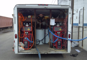 Polyurea spray liner installation machine trailer